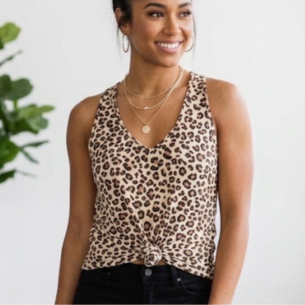 Daytrip Leopard Print Front Knot Strappy Back Tank Top Small Brown Black